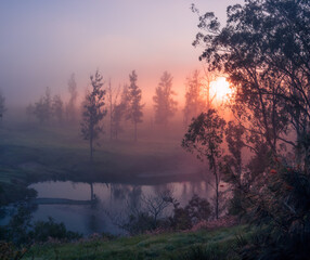 Sunrise Through Mist Over River
