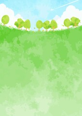 森林と青空の手描きの風景イラスト
