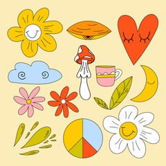 Vector set of 70s, 80s, 90s clipart. 1970 vibes. Peace Sign, Mushrooms, groovy trippy daisy. 70s vibes background