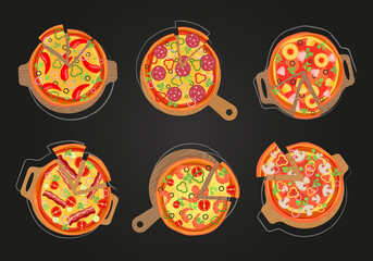 Pizza, a set of pizzas on wooden boards on a black background. Pepperoni pizza, carbonara, with pineapple