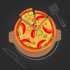 Pizza, spicy pizza with chili peppers on a wooden board and on a black background