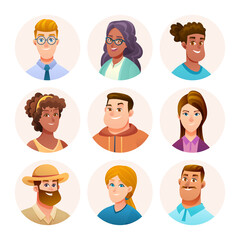 Collection of people avatar characters. Male and female avatars in cartoon style - obrazy, fototapety, plakaty