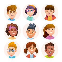 Cute children avatar characters collection. Boy and girl avatars in cartoon style