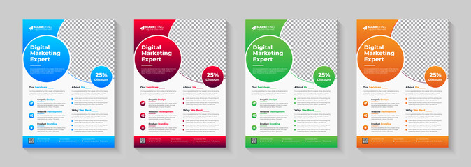 Digital Marketing Agency Flyer, Business Marketing Flyer Set,corporate Business Flyer Template Design Set With Blue, Yellow, Pink And Green Color.digital Marketing New Flyer.