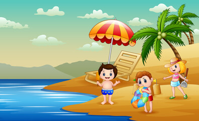 Obraz na płótnie Canvas Vector illustration of children playing at the beach 