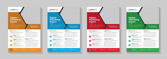 Digital Marketing Agency Flyer, Business Marketing Flyer Set,corporate Business Flyer Template Design Set With Blue, Yellow, Pink And Green Color.digital Marketing New Flyer.