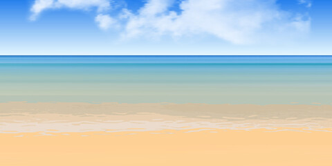 Fototapeta na wymiar View of the sandy beach of the sea, summer background. Blue sky, sea and yellow sand.