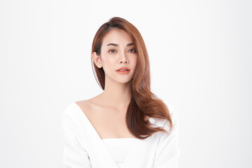 Obraz premium Beautiful young asian woman with clean fresh skin on white background, Face care, Facial treatment, Cosmetology, beauty and spa, Asian women portrait.