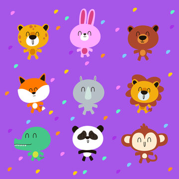 vector illustration of colorful animal collection in cute cartoon style