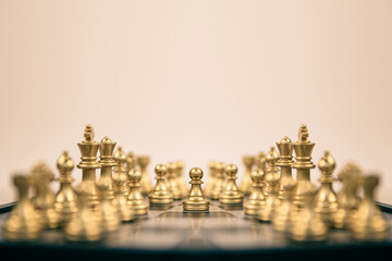 Chess stand first with king in back on chessboard concepts of leader teamwork volunteer challenge of business team or wining and leadership strategy and organization risk management or team player.