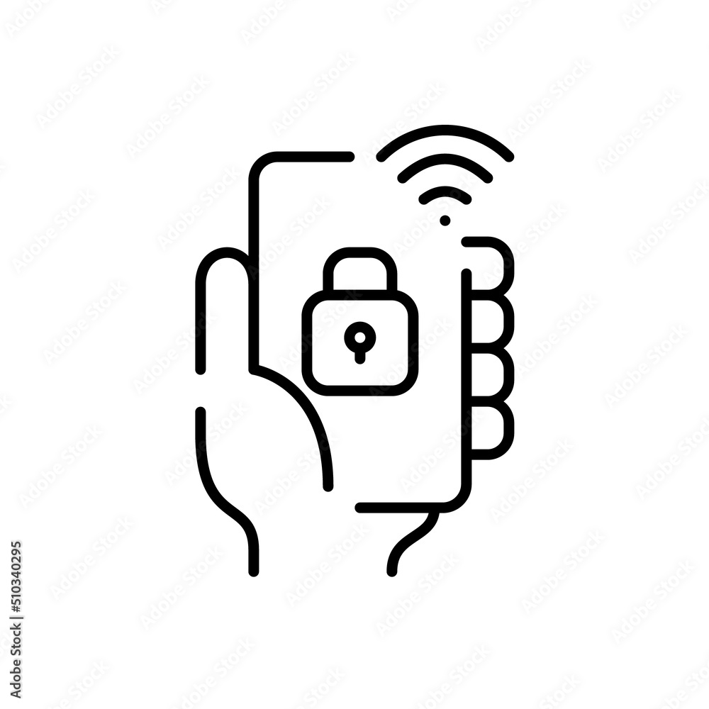 Poster smart home security and remote lock control using smartphone app. pixel perfect, editable stroke lin