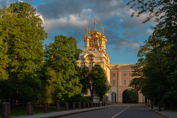 Church of the Ascension of Christ-the palace church of the Catherine Palace and the arch of the Pushkin Memorial Museum-Lyceum in Tsarskoe Selo on a summer day, Pushkin, St. Petersburg, Russia