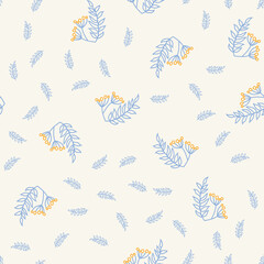 Floral pattern for bed linen textile. Unique seamless ornament of outline yellow berries. Mix doodle on retro style light background. Simple art design pattern for textile, fabric and print. Vector 