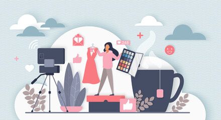 Fototapeta na wymiar Beauty cosmetics, style and makeup vlogging. Tiny vlogger with dress and eyeshadow palette making video blog content for audience in social media flat vector illustration. Fashion, lifestyle concept