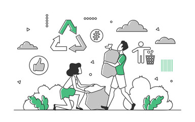 People collecting and sorting rubbish for recycling. Waste management for environmental protection vector monocolor illustration