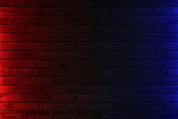 Lighting effect red and blue on empty brick wall background. Lighting effect pink and cyan wall...