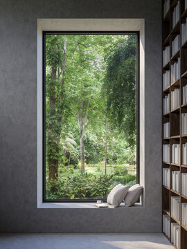 Fototapeta Reading corner by the window with nature view 3d render there are concrete wall decorated with wooden bookshelves
