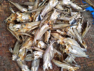 close up of dried salted fish in Indonesian traditional market. Asian market trade