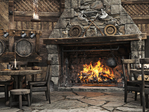 Fantasy medieval tavern inn background with large fireplace. 3d rendering