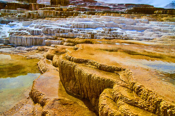 Steamy and snowy hot spring terraces up close in Yellowstone