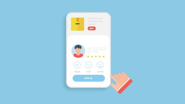 Customer giving product review from mobile phone, sending feedback, user experience application - 2d animation 4k video clip.