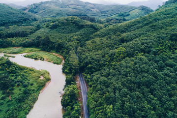 Fototapeta na wymiar Aerial view asphalt rural road in tree forest park
