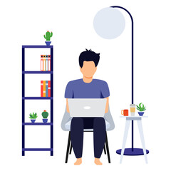 Home office design male freelancer character setting on modern chair with laptop notebook working with coffee houselamp isolated