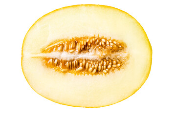 Appetizing and juicy cut melon isolated on a white background. A lot of seeds in the pulp of the fruit.