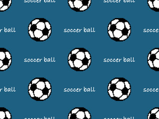 Soccer ball cartoon character seamless pattern on blue background. Pixel style