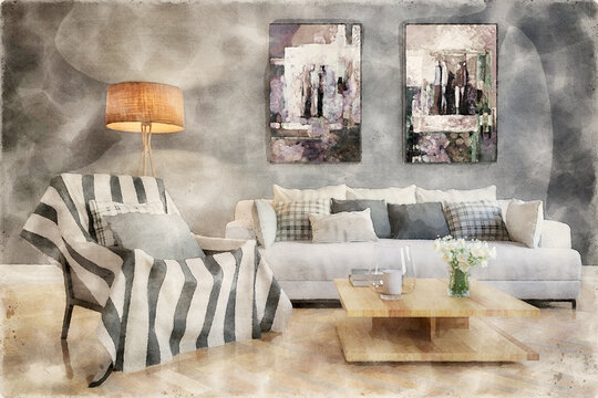 Watercolor Painting of Modern living room interior with abstrack paintings