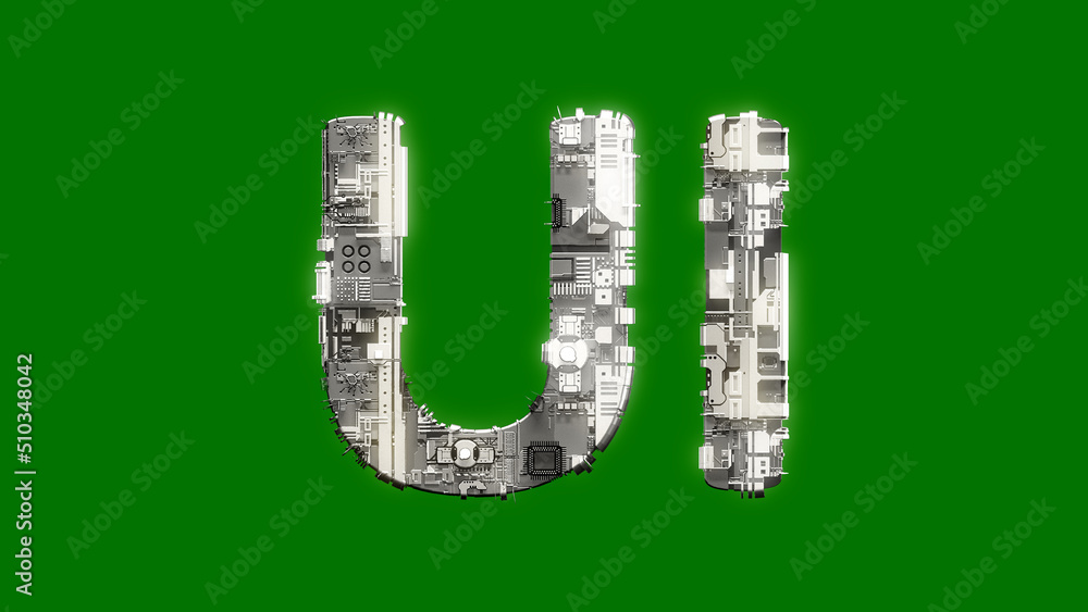 Poster industrial style cybernetical text ui on chroma key screen background, isolated - object 3d renderin