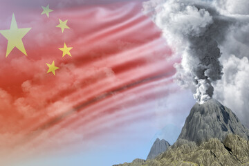 big volcano eruption at day time with white smoke on China flag background, troubles because of eruption and volcanic earthquake conceptual 3D illustration of nature