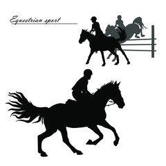 a set of silhouettes. a rider jumping over an obstacle on a horse, isolated images, a black silhouette on a white background.