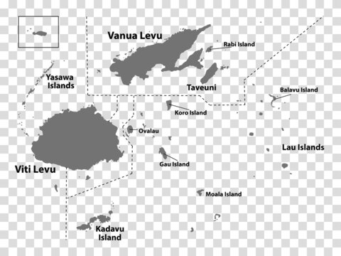 Blank map Fiji in gray. Every Island map is with titles. High quality map of  Fiji with districts on transparent background for your  design.  Oceania. EPS10.