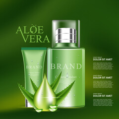 Aloe vera cosmetic product vector illustration. Bottle with moisturizer cream and aloe vera green leaves