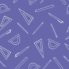 back to school seamless pattern. hand drawn doodle. vector, minimalism. stationery, rulers, pen, pencil. education, wallpaper, wrapping, textiles, banner.