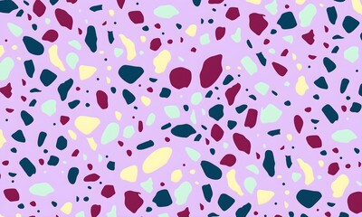 Colorful venetian terrazzo imitation seamless pattern. Realistic marble texture with stone fragments. Modern minimalistic floor tile for interior decoration. Trendy abstract illustration.