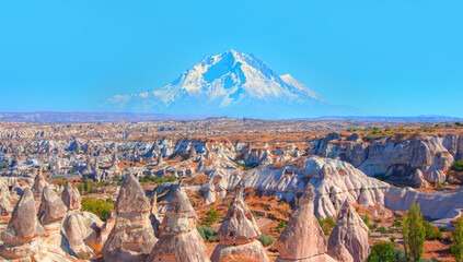 Beautiful landscape with Volcanic mountain Erciyes view from Cappadocia - Goreme, Turkey