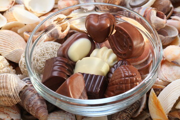chocolate candies on a background of sea corals
