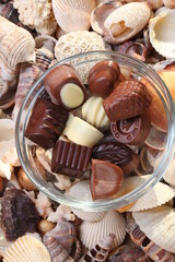 chocolate candies on a background of sea corals