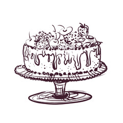Wedding cake with berries and fruits, vintage sketch on a white background. Hand-drawn wedding cake in Provence style. Holiday dessert