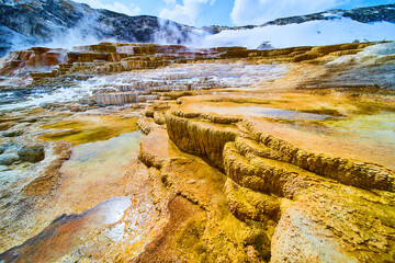 Stunning Yellowstone hot springs landscape with detailed terrace layers of all colors