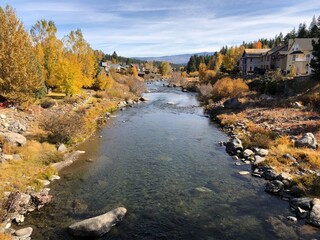 The view of Truckee river on a sunny autumn day in North Lake Tahoe, California. Mountain river in Sierras. West coast vacation destinations. California roadtrip. 