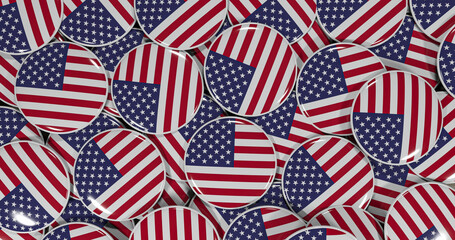 3D rendering of United State of America flag pins on a wooden table for politics, support and nationalism
