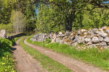 Dirt road with stone walls in a rural landscape