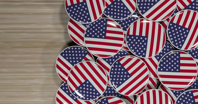 3D rendering of United State of America flag pins on a wooden table for politics, support and nationalism