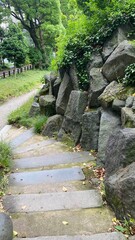 Rock stone steps of a little hill in Hibiya park Tokyo, year 2022 June 11th