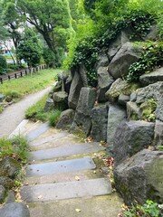 Rock stone steps of a little hill in Hibiya park Tokyo, year 2022 June 11th