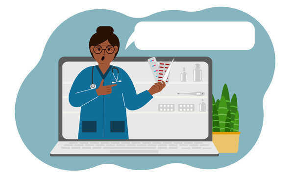 Online consultation or feedback concept. Laptop with a picture of a female pharmacist with medicines in his hand.