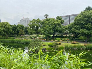 The zen garden and the city skyscrapers view at the Hibiya park Tokyo central downtown, next to the...
